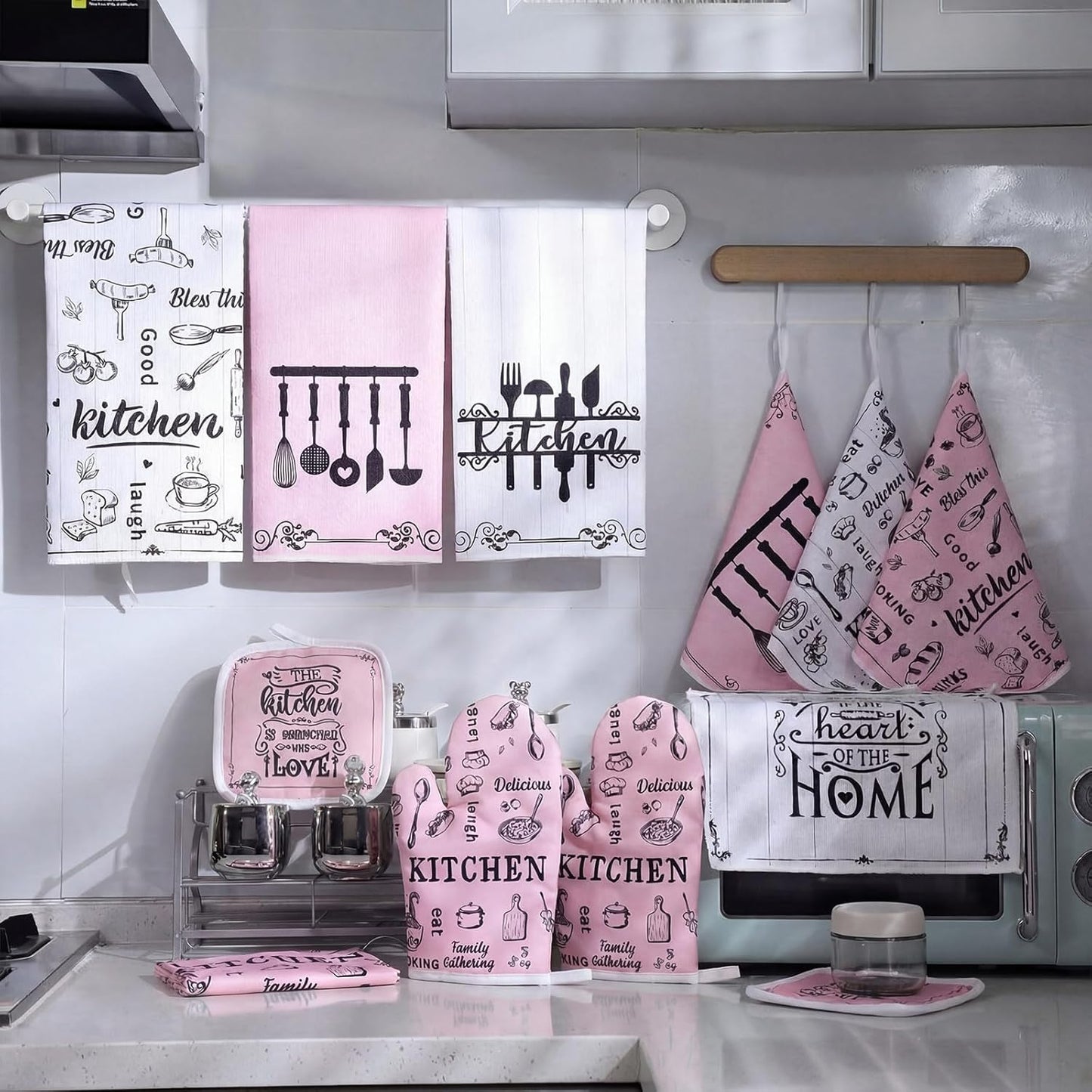 12 Pcs Farmhouse Pink Kitchen Decorations Sets 4 Pink and White Kitchen Towels 4 Absorbent Dishcloths 2 Pot Holders 2 Oven Mitts Gloves for Home Decorations Mom Gifts