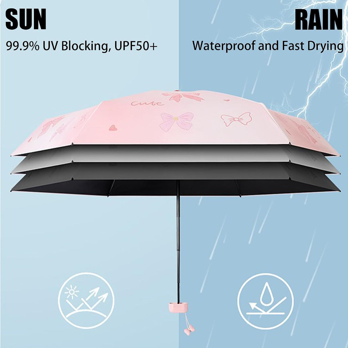 Mini Travel Folding Umbrella - Small Compact Sun Retractable Umbrella with Case, Lightweight Portable UPF 50+ Rain UV Protection Windproof Parasol for Pocket Backpack Women Girls Lady