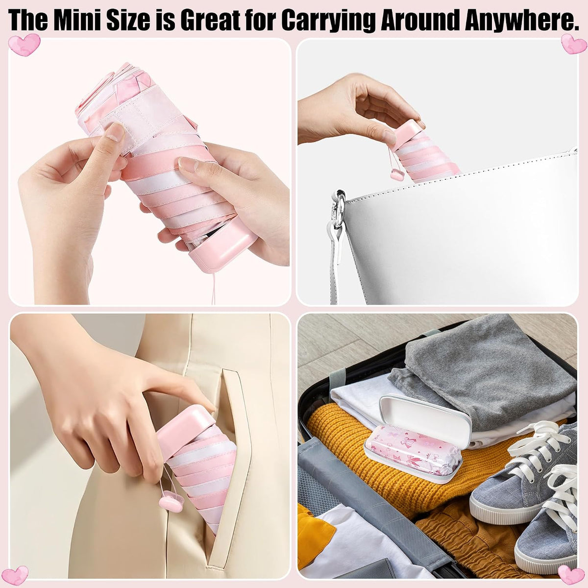 Mini Travel Folding Umbrella - Small Compact Sun Retractable Umbrella with Case, Lightweight Portable UPF 50+ Rain UV Protection Windproof Parasol for Pocket Backpack Women Girls Lady