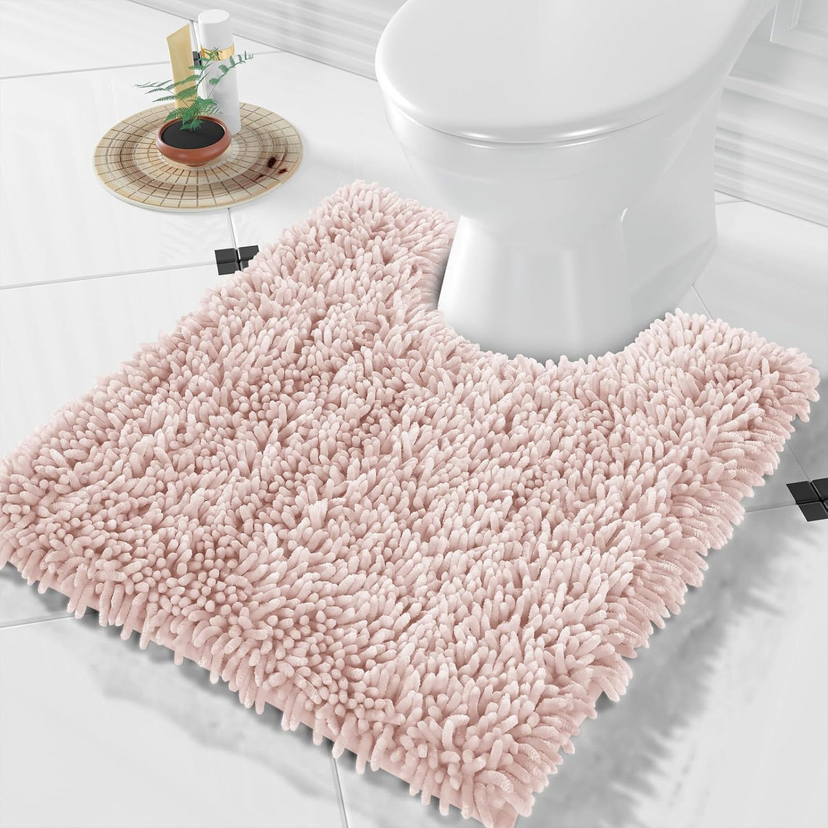 Toilet Rugs U Shaped Washable, Extra Thick Soft Absorbent Chenille Contour Bathroom Rugs for Toilet 24x20 Inch, Quick Dry Non Slip Toilet Mat for Bath Floor, Pink