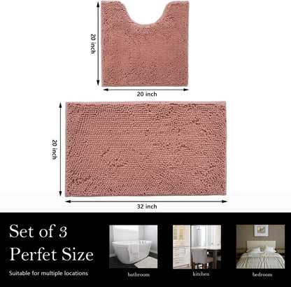 Bathroom Rugs Chenille Bath mat 2 Piece Set, Super Absorbent, Strong PVC Non Slip Backing, Bath mats for Bathroom, Plush Shaggy, Thick, Machine Washable, Bathtub, Toilet.(Deep Pink)