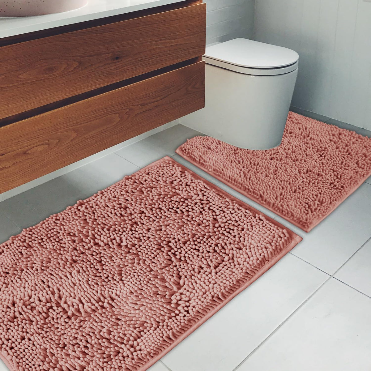 Bathroom Rugs Chenille Bath mat 2 Piece Set, Super Absorbent, Strong PVC Non Slip Backing, Bath mats for Bathroom, Plush Shaggy, Thick, Machine Washable, Bathtub, Toilet.(Deep Pink)