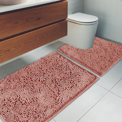 Bathroom Rugs Chenille Bath mat 2 Piece Set, Super Absorbent, Strong PVC Non Slip Backing, Bath mats for Bathroom, Plush Shaggy, Thick, Machine Washable, Bathtub, Toilet.(Deep Pink)