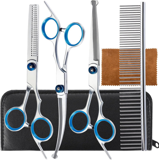 5 in 1 Premium Dog Grooming Scissors, Professional Dog Scissors for Grooming with Safety Round Tips, Lengnoyp Stainless Steel Thinning Shears, Pet Cat Shears for Grooming Kit