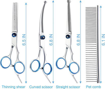 5 in 1 Premium Dog Grooming Scissors, Professional Dog Scissors for Grooming with Safety Round Tips, Lengnoyp Stainless Steel Thinning Shears, Pet Cat Shears for Grooming Kit