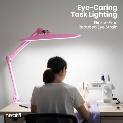 XL 2200 Lumens 24W LED Desk Lamp – Shadow-Free Task Lighting | 4-Level Dimming | Home Office & Crafts Use | 20-Inch Wide Head (Pink, Non-CCT with Clamp)