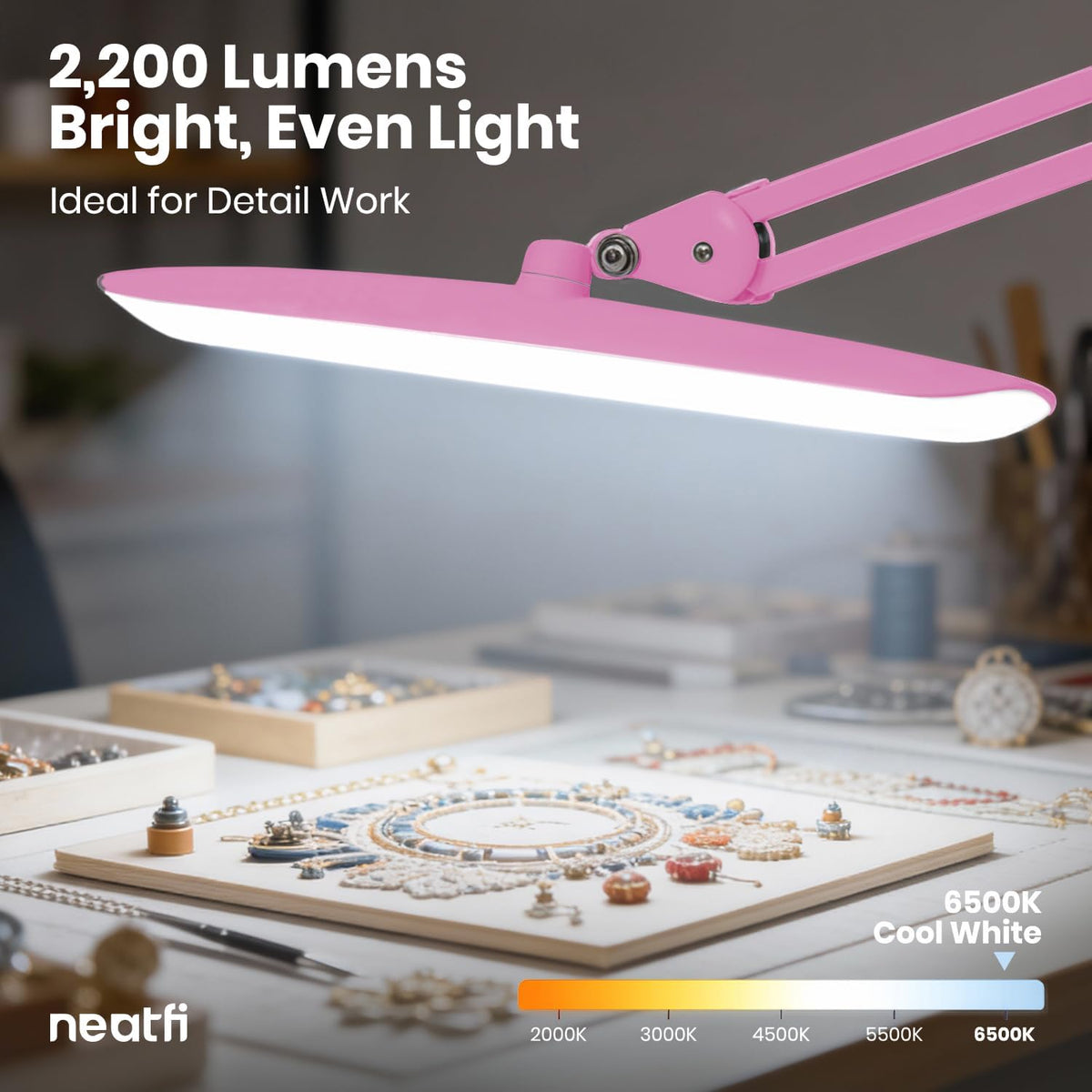 XL 2200 Lumens 24W LED Desk Lamp – Shadow-Free Task Lighting | 4-Level Dimming | Home Office & Crafts Use | 20-Inch Wide Head (Pink, Non-CCT with Clamp)