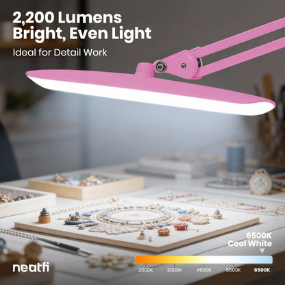XL 2200 Lumens 24W LED Desk Lamp – Shadow-Free Task Lighting | 4-Level Dimming | Home Office & Crafts Use | 20-Inch Wide Head (Pink, Non-CCT with Clamp)