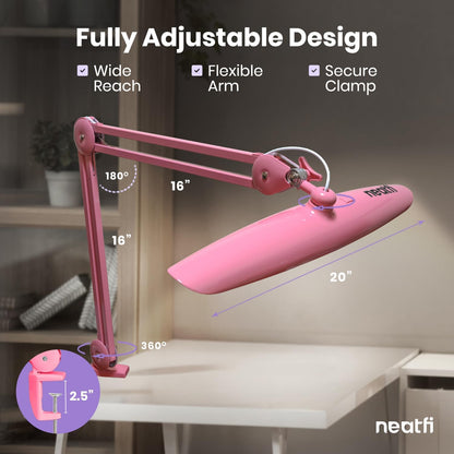 XL 2200 Lumens 24W LED Desk Lamp – Shadow-Free Task Lighting | 4-Level Dimming | Home Office & Crafts Use | 20-Inch Wide Head (Pink, Non-CCT with Clamp)