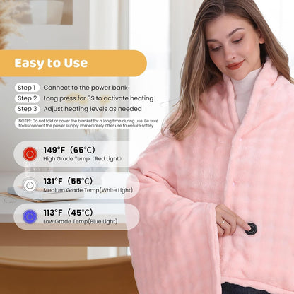 Cordless Heated Blanket, Battery Operated Heating Blanket with 20000mAh Rechargeable Power Bank, Portable Heated Throw Blanket, 59"x 35.5" Electric Heated Shawl, 3 Fast-Heating Levels (Pink)