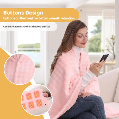 Cordless Heated Blanket, Battery Operated Heating Blanket with 20000mAh Rechargeable Power Bank, Portable Heated Throw Blanket, 59"x 35.5" Electric Heated Shawl, 3 Fast-Heating Levels (Pink)
