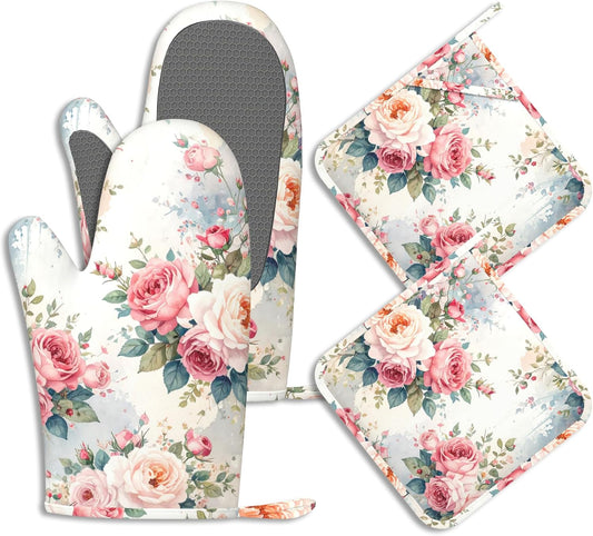 Oven Mitts and Pot Holders Sets Rose Pink Flower Silicone Kitchen Mits Potholders Watercolor Floral Heat Resistant 4Pcs Oven Gloves Hot Pads for Baking Cooking BBQ Grilling Home Decor