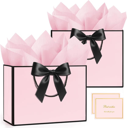 2PCS Pink Gift Bags with Handles, Medium Gift Bags for Women with 4 Tissue Paper 2 Ribbons 2 Cards, Cute Present Bag for Wedding Birthday Graduation Engagement Bridal Baby Shower Party Favors