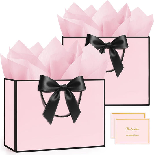 2PCS Pink Gift Bags with Handles, Medium Gift Bags for Women with 4 Tissue Paper 2 Ribbons 2 Cards, Cute Present Bag for Wedding Birthday Graduation Engagement Bridal Baby Shower Party Favors