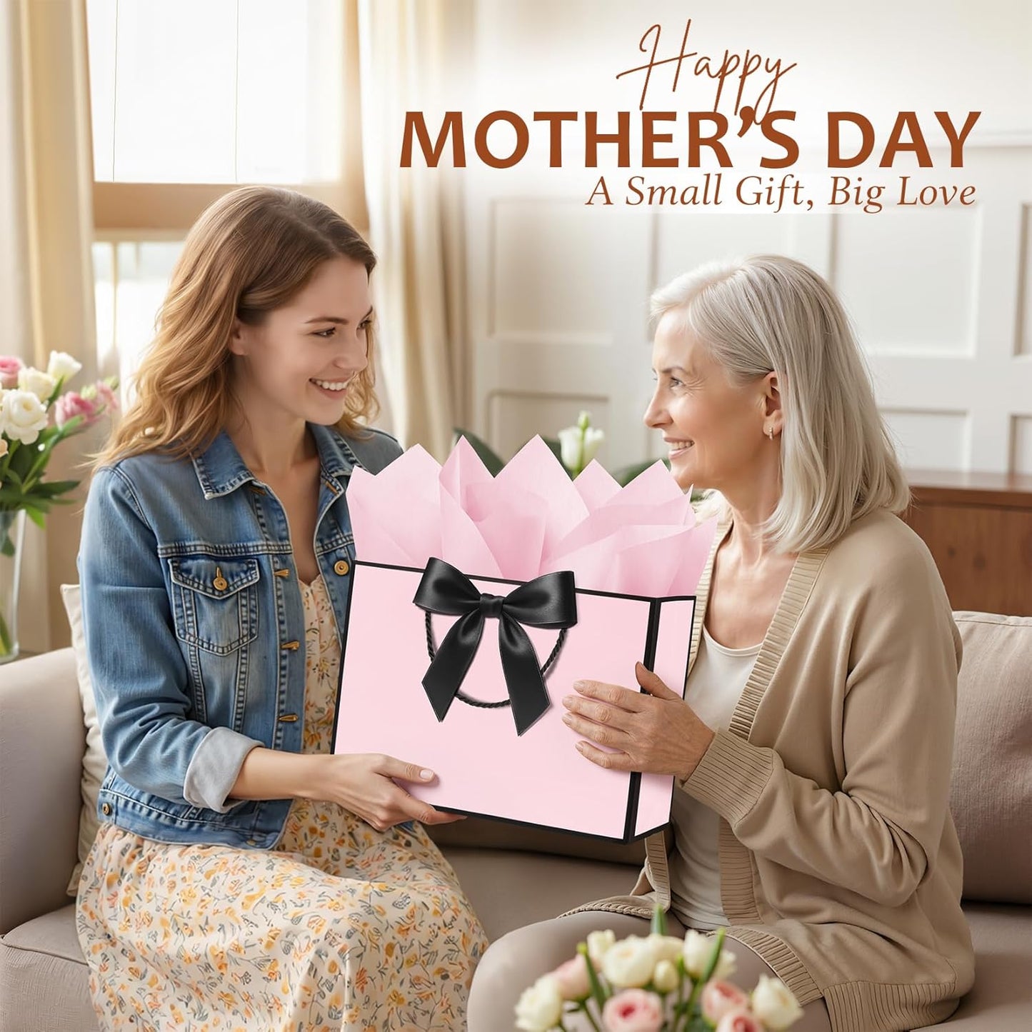 2PCS Pink Gift Bags with Handles, Medium Gift Bags for Women with 4 Tissue Paper 2 Ribbons 2 Cards, Cute Present Bag for Wedding Birthday Graduation Engagement Bridal Baby Shower Party Favors