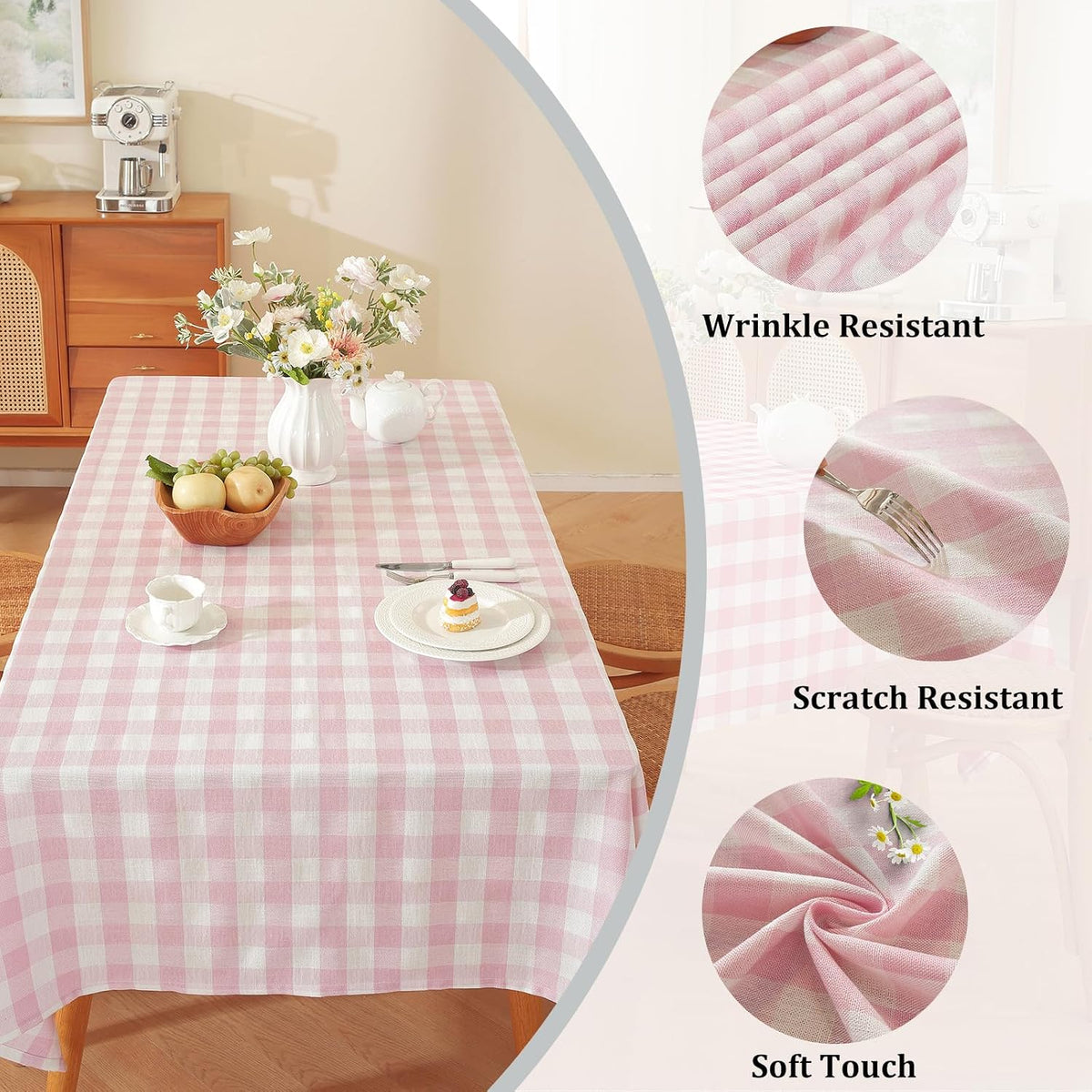 Pink Gingham Tablecloth Square Checkered Table Cloth Cotton Linen Fabric Wrinkle Free Washable Buffalo Plaid Table Cover for Kitchen Dining Picnic Camping, 60 * 60 inch