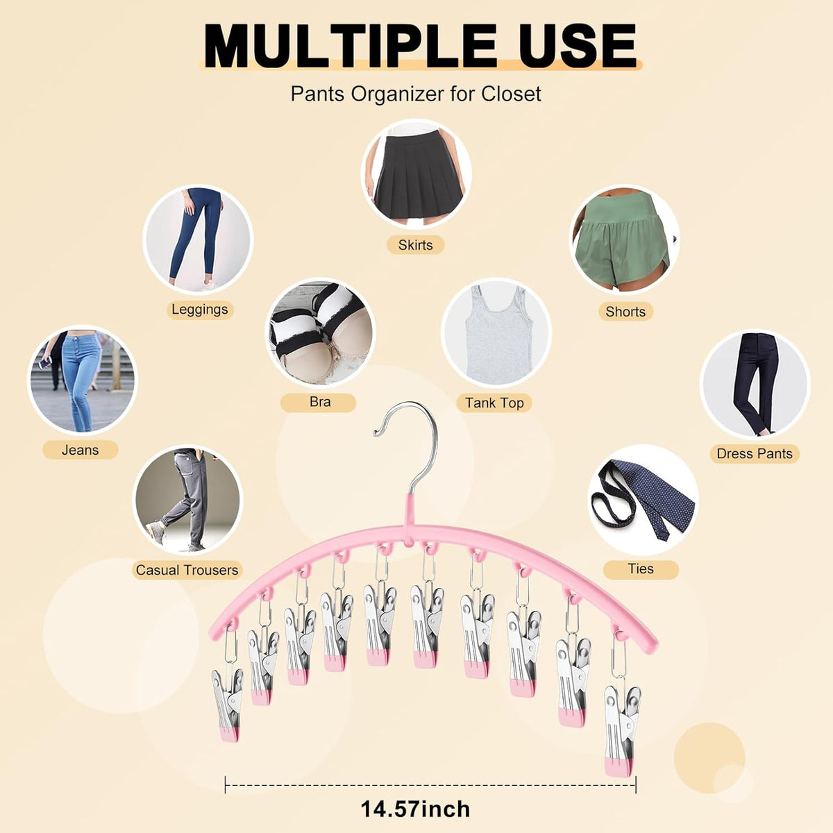 Metal Yoga Pants Hangers 1 Pack w/10 Clips Holds 10 Leggings, Space Saving Hanging Closet Organizer w/Rubber Coated Closet Organizers and Storage, Pink