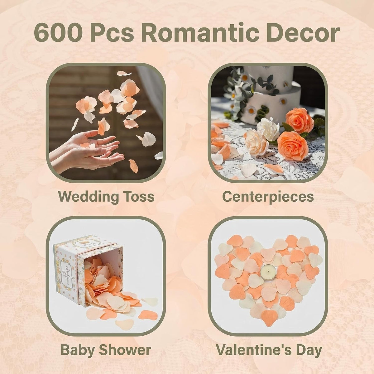 600 PCS Crepe Paper Rose Flower Petals for Wedding Flower Girl to Throw Petals for Romantic Night Centerpieces Baby Shower Valentine's Day Decor (peach white)