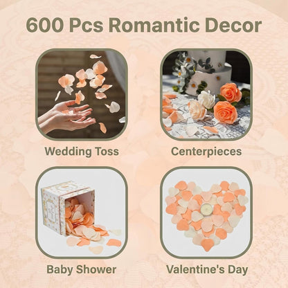 600 PCS Crepe Paper Rose Flower Petals for Wedding Flower Girl to Throw Petals for Romantic Night Centerpieces Baby Shower Valentine's Day Decor (peach white)
