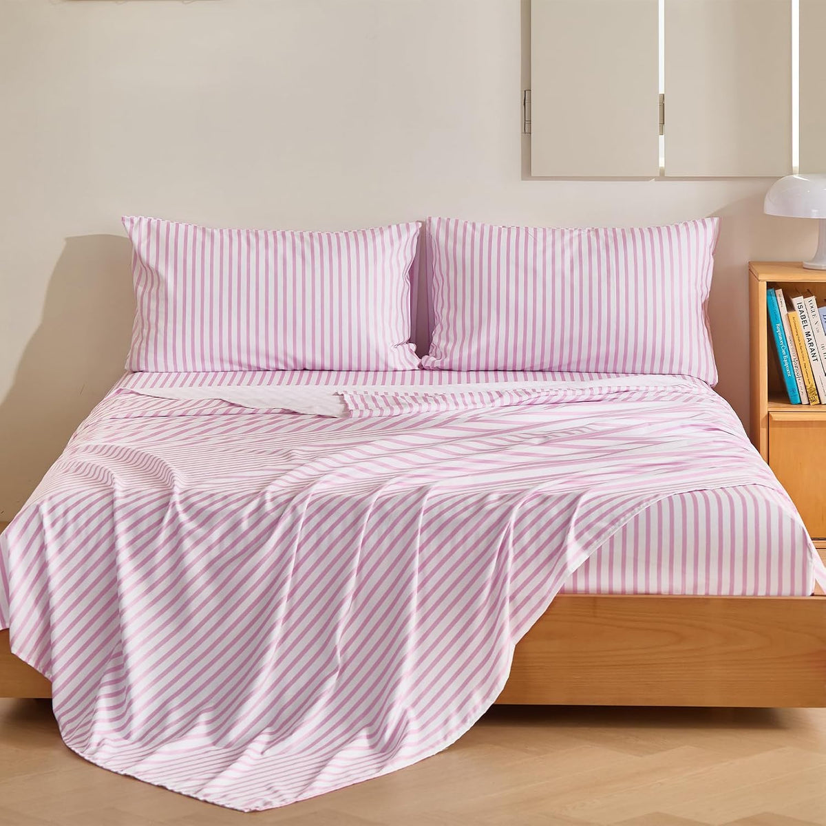 4Pieces Striped Sheets Set, Breathable King Sheet Set with 16" Deep Pocket,Modern & Luxury, Brushed Microfiber Bedding Set(King, Pink Simple)