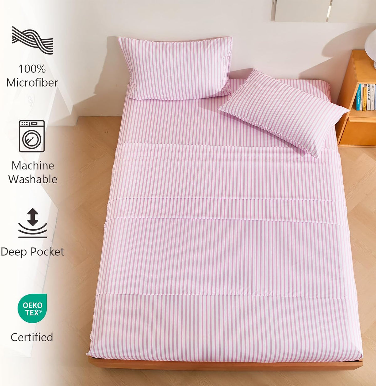 4Pieces Striped Sheets Set, Breathable King Sheet Set with 16" Deep Pocket,Modern & Luxury, Brushed Microfiber Bedding Set(King, Pink Simple)