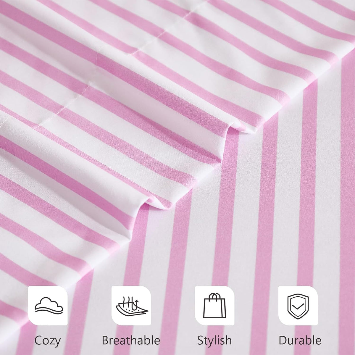 4Pieces Striped Sheets Set, Breathable King Sheet Set with 16" Deep Pocket,Modern & Luxury, Brushed Microfiber Bedding Set(King, Pink Simple)