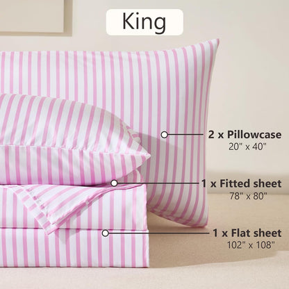 4Pieces Striped Sheets Set, Breathable King Sheet Set with 16" Deep Pocket,Modern & Luxury, Brushed Microfiber Bedding Set(King, Pink Simple)