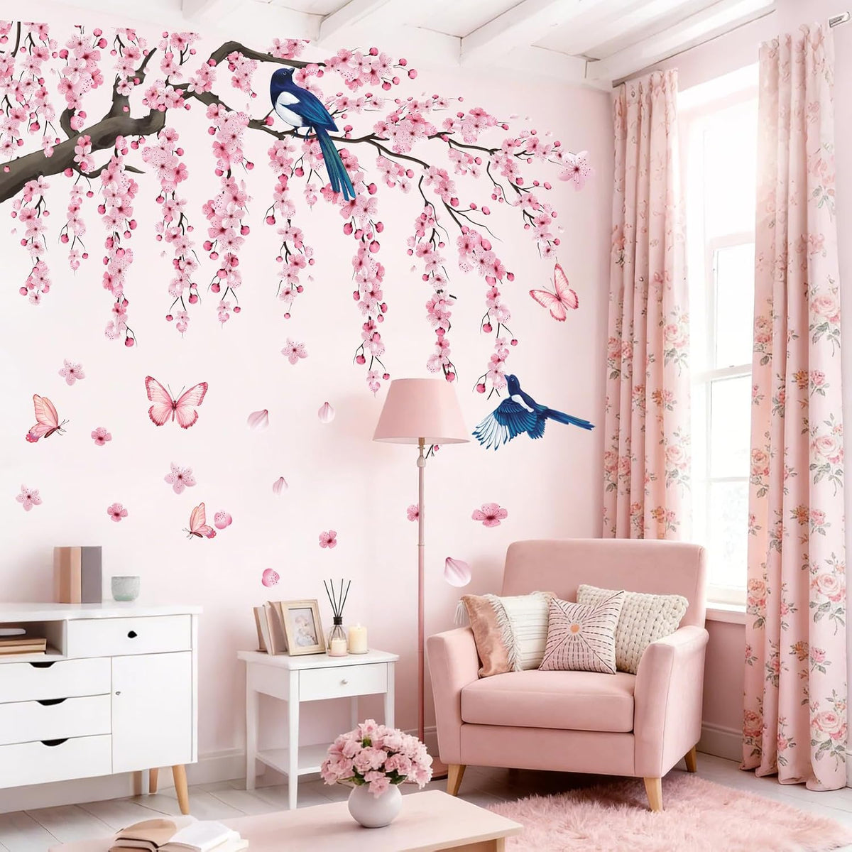 Cherry Blossom Wall Decals Stickers - Tree Floral Birds Wall Stickers Spring Pink Peel and Stick Wall Murals Decor for Living Room Bedroom