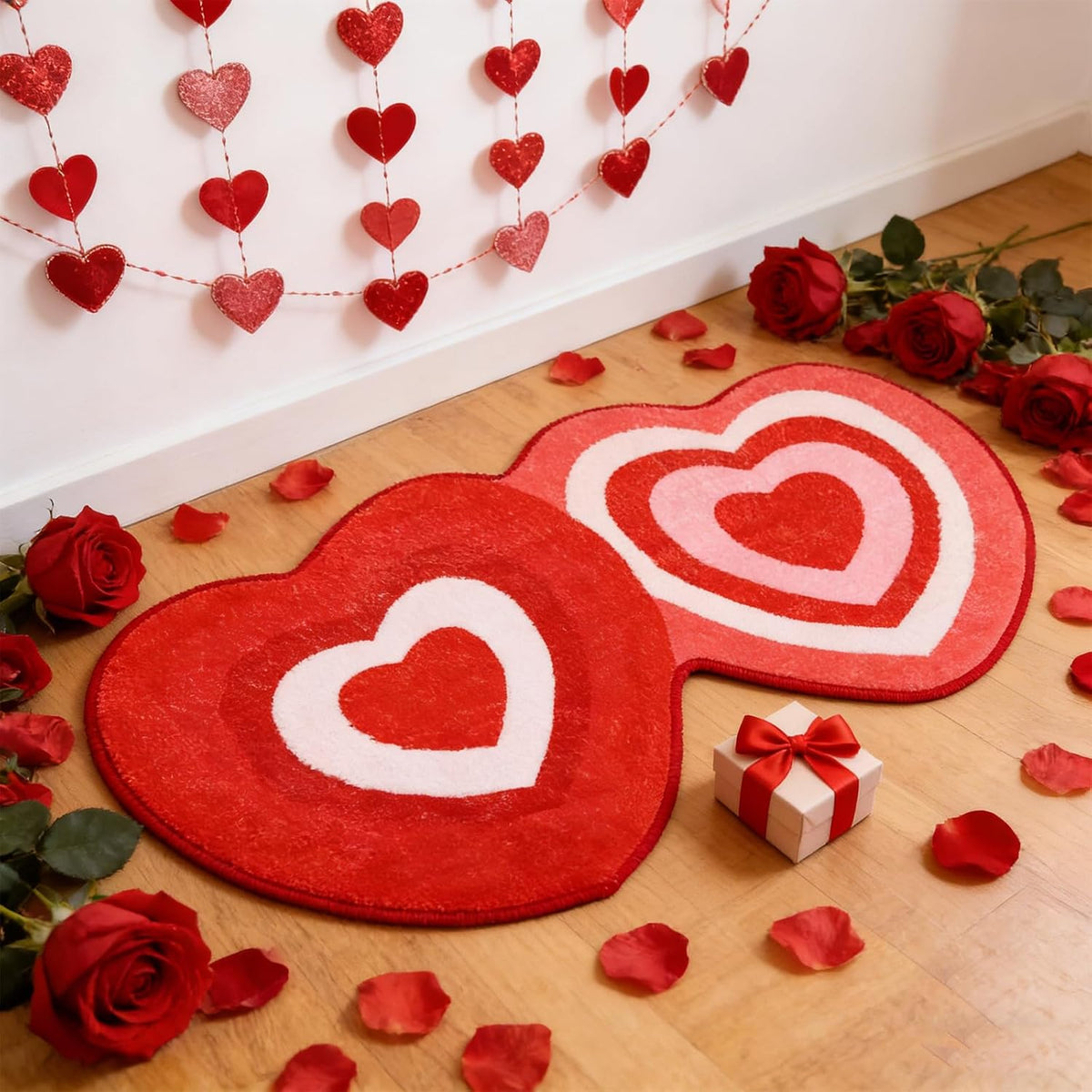 FEBSNOW 70 x 40 cm Heart Shaped Bath Rug, Red Pink White Love Shower Mat