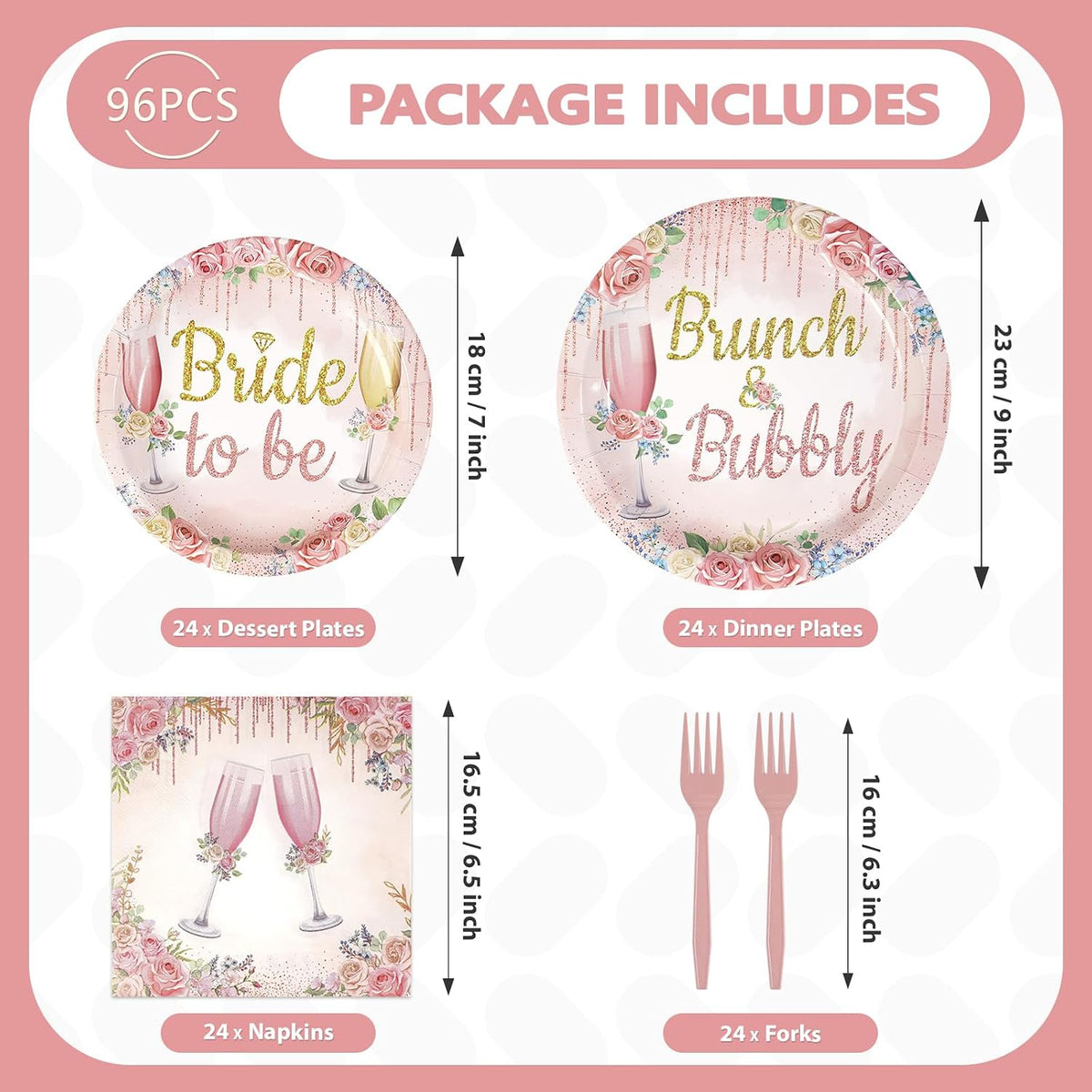 96Pcs Brunch Bubbly Bridal Shower Party Decorations, Serves 24