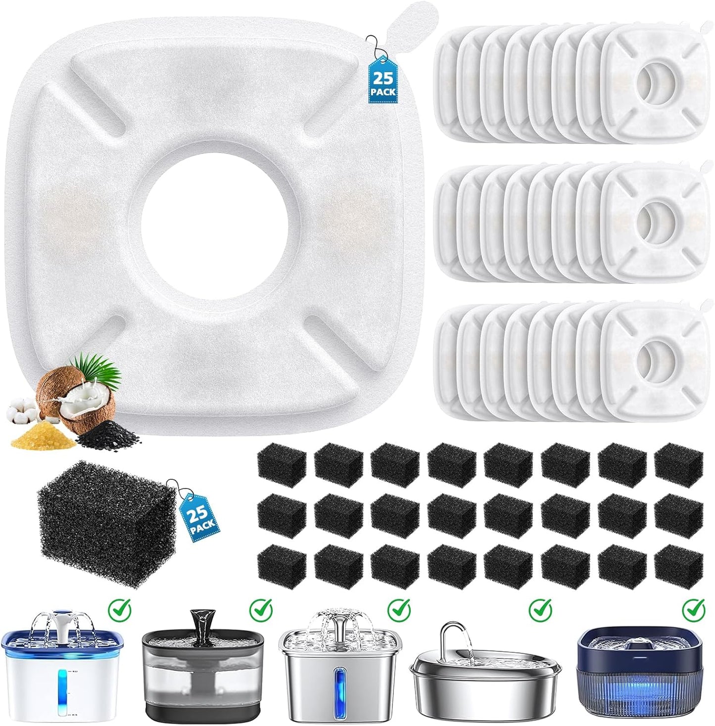 50 Pcs Cat Water Fountain Filters for Veken 95oz/2.8L, 67oz, 135oz Dog Water Fountain Automatic Pet Fountain Dog Water Dispenser 25Pcs Pet Fountain Filter Replacement & 25Pcs Pre-Filter Sponges