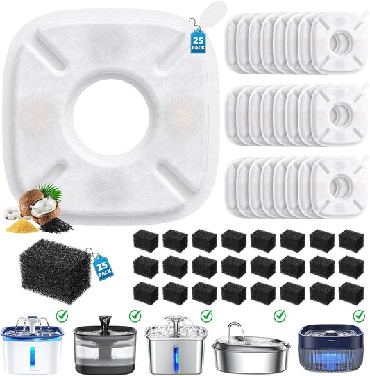 50 Pcs Cat Water Fountain Filters for Veken 95oz/2.8L, 67oz, 135oz Dog Water Fountain Automatic Pet Fountain Dog Water Dispenser 25Pcs Pet Fountain Filter Replacement & 25Pcs Pre-Filter Sponges
