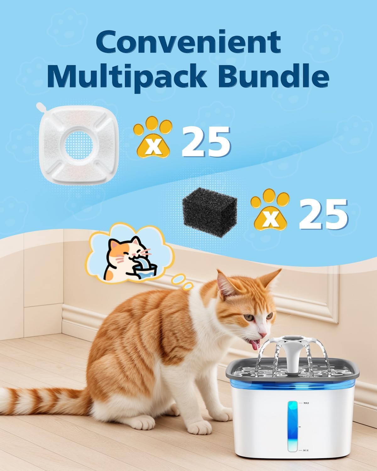 50 Pcs Cat Water Fountain Filters for Veken 95oz/2.8L, 67oz, 135oz Dog Water Fountain Automatic Pet Fountain Dog Water Dispenser 25Pcs Pet Fountain Filter Replacement & 25Pcs Pre-Filter Sponges