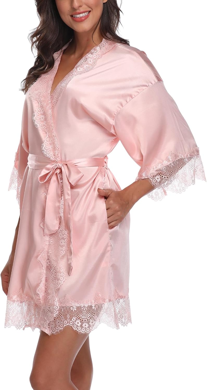 Women's Satin Robe with Lace Trim Sexy Short Silk Bridal Robes for Bride Bridesmaids Wedding Lightweight Cute Robe