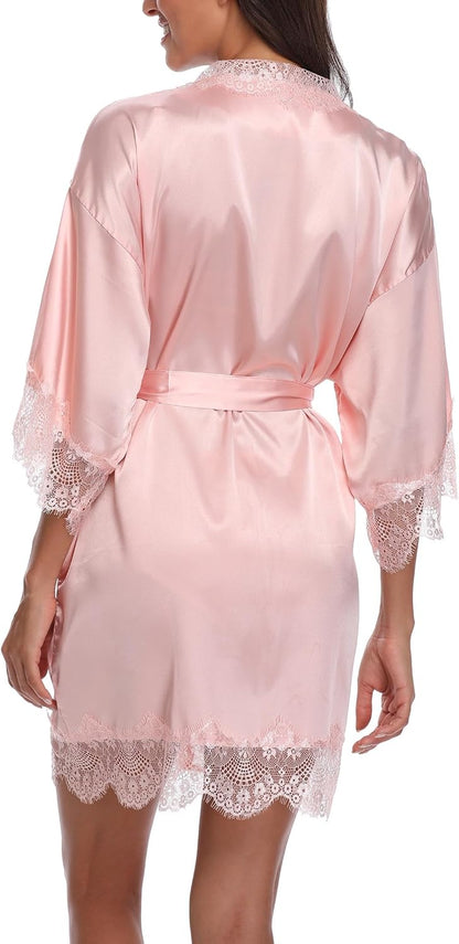 Women's Satin Robe with Lace Trim Sexy Short Silk Bridal Robes for Bride Bridesmaids Wedding Lightweight Cute Robe
