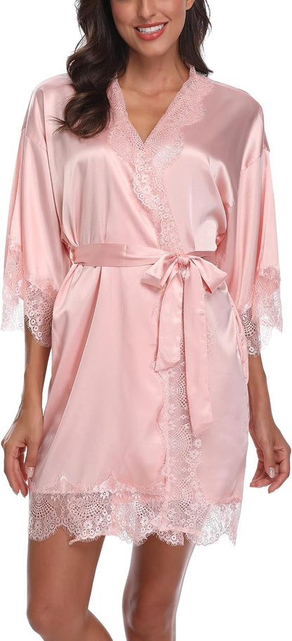 Women's Satin Robe with Lace Trim Sexy Short Silk Bridal Robes for Bride Bridesmaids Wedding Lightweight Cute Robe