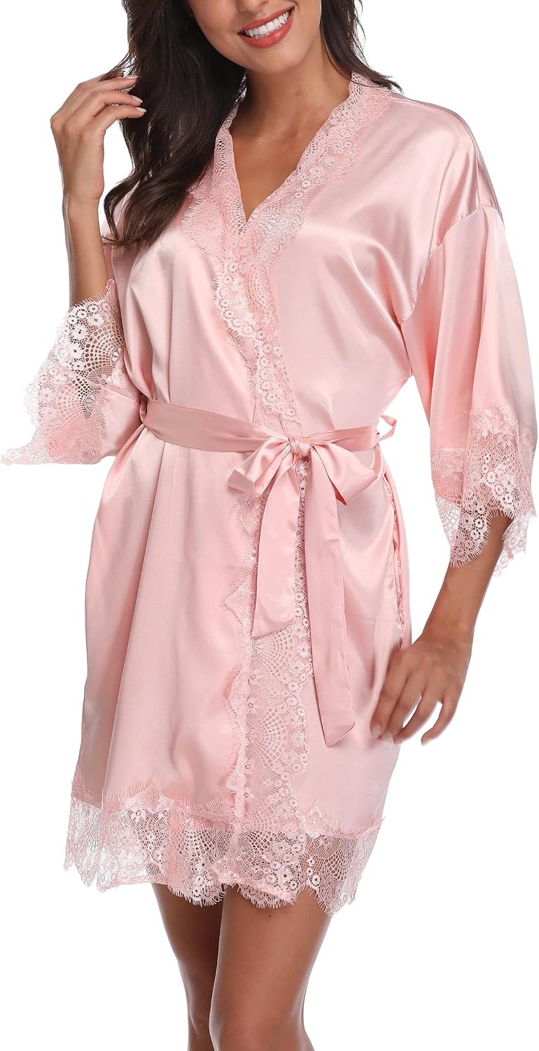 Women's Satin Robe with Lace Trim Sexy Short Silk Bridal Robes for Bride Bridesmaids Wedding Lightweight Cute Robe