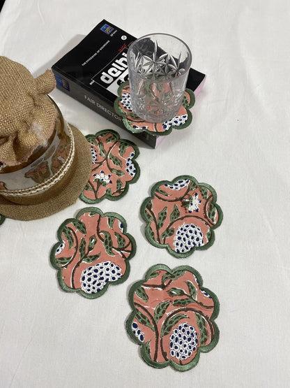 8-Pcs 100% Cotton Hand Block Print Drink Coasters 5" in Salmon Pink