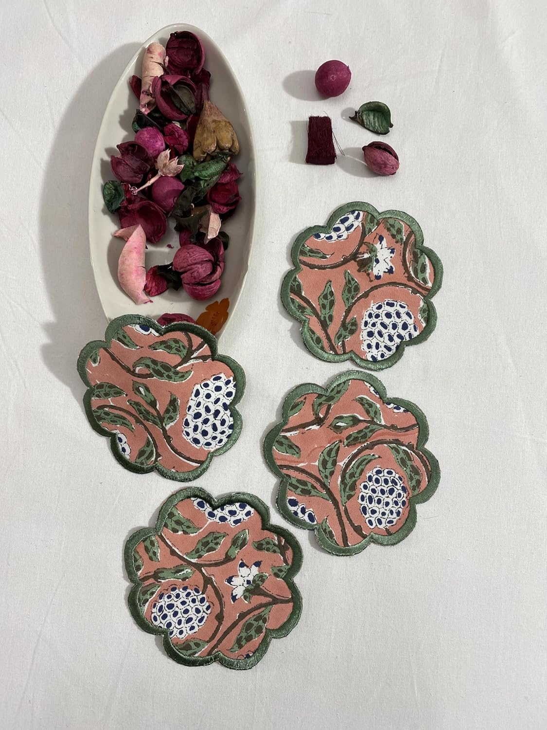 8-Pcs 100% Cotton Hand Block Print Drink Coasters 5" in Salmon Pink