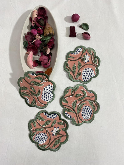8-Pcs 100% Cotton Hand Block Print Drink Coasters 5" in Salmon Pink
