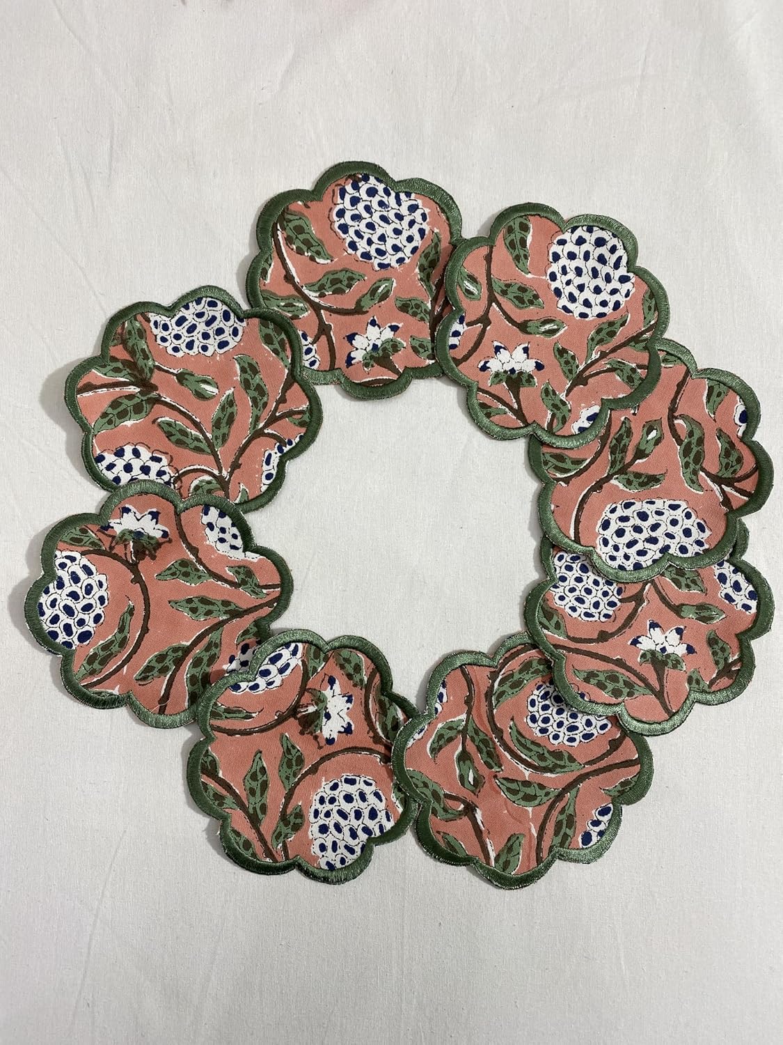 8-Pcs 100% Cotton Hand Block Print Drink Coasters 5" in Salmon Pink