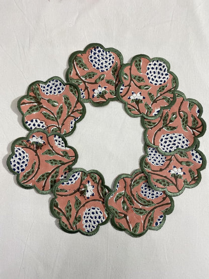 8-Pcs 100% Cotton Hand Block Print Drink Coasters 5" in Salmon Pink