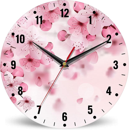 Wall Clocks,Cherry Blossom Wall Clocks for Living Room Decor,Pink Sakura Flower Kitchen Clocks Wall Battery Operated - 10 Inch Round Bathroom Wall Clock Silent Non-Ticking