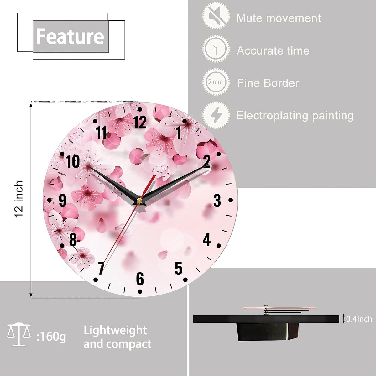 Wall Clocks,Cherry Blossom Wall Clocks for Living Room Decor,Pink Sakura Flower Kitchen Clocks Wall Battery Operated - 10 Inch Round Bathroom Wall Clock Silent Non-Ticking