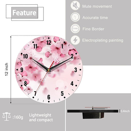 Wall Clocks,Cherry Blossom Wall Clocks for Living Room Decor,Pink Sakura Flower Kitchen Clocks Wall Battery Operated - 10 Inch Round Bathroom Wall Clock Silent Non-Ticking