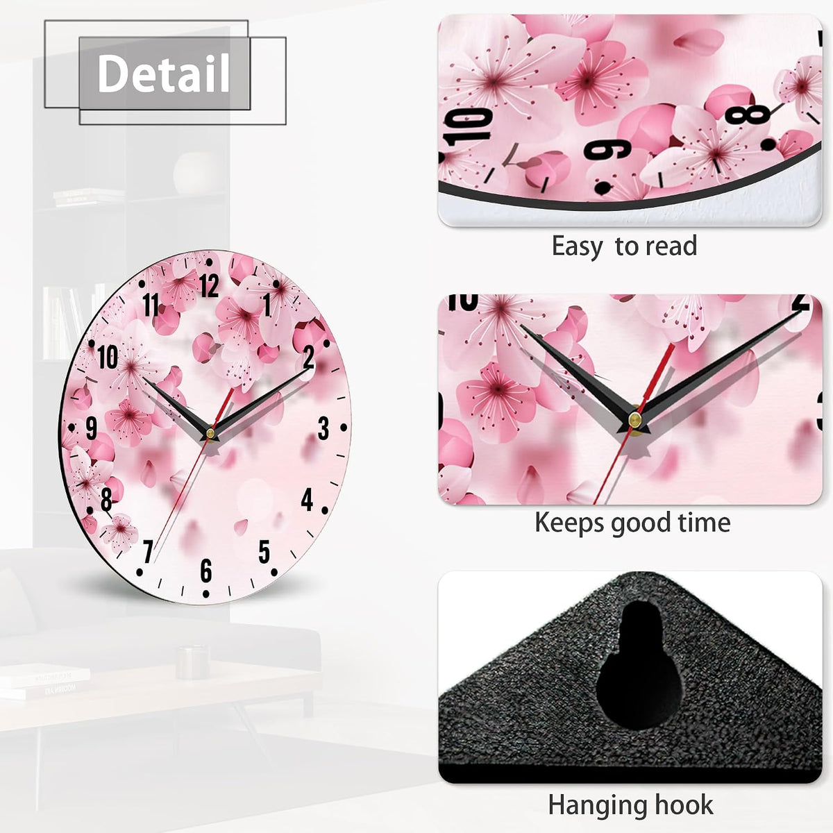 Wall Clocks,Cherry Blossom Wall Clocks for Living Room Decor,Pink Sakura Flower Kitchen Clocks Wall Battery Operated - 10 Inch Round Bathroom Wall Clock Silent Non-Ticking