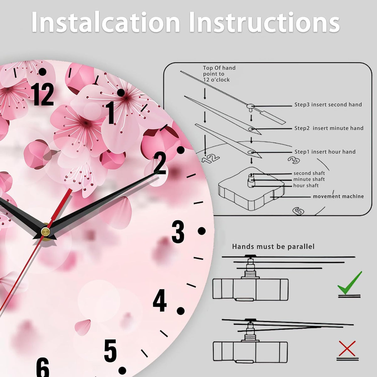 Wall Clocks,Cherry Blossom Wall Clocks for Living Room Decor,Pink Sakura Flower Kitchen Clocks Wall Battery Operated - 10 Inch Round Bathroom Wall Clock Silent Non-Ticking