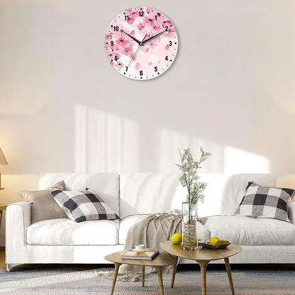 Wall Clocks,Cherry Blossom Wall Clocks for Living Room Decor,Pink Sakura Flower Kitchen Clocks Wall Battery Operated - 10 Inch Round Bathroom Wall Clock Silent Non-Ticking