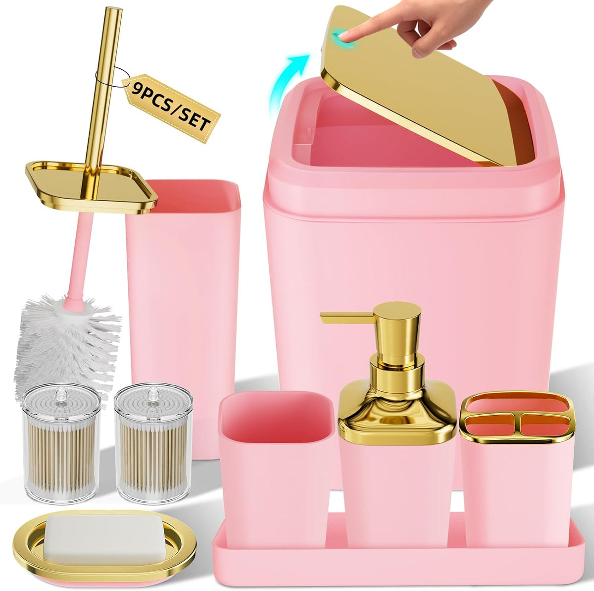 XLHOMO Bathroom Accessories Set - Luxury Pink Bathroom Set, 9 Pieces Bathroom Accessory Set, Pink Bathroom Accessories with Trash Can, Toilet Brush & Soap Dispenser