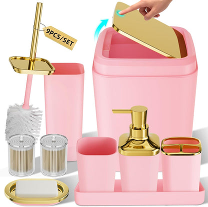 XLHOMO Bathroom Accessories Set - Luxury Pink Bathroom Set, 9 Pieces Bathroom Accessory Set, Pink Bathroom Accessories with Trash Can, Toilet Brush & Soap Dispenser